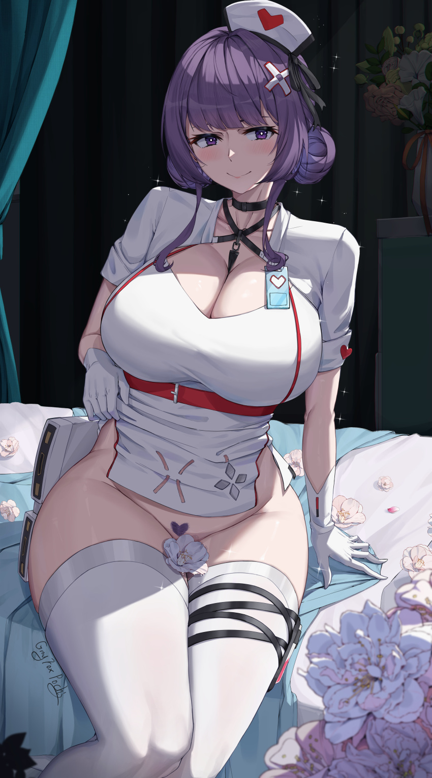 1girl absurdres bed belt black_choker blush breasts choker cleavage clothes_lift convenient_censoring dress dress_lift enya_murphy female_pubic_hair flower gloves grayfoxpochi hat heart highres huge_breasts indoors lifted_by_self looking_at_viewer medium_hair no_panties nurse nurse_cap official_alternate_costume on_bed pubic_hair purple_eyes purple_hair red_belt short_dress short_sleeves sitting snowbreak:_containment_zone solo thighhighs white_flower white_gloves white_thighhighs