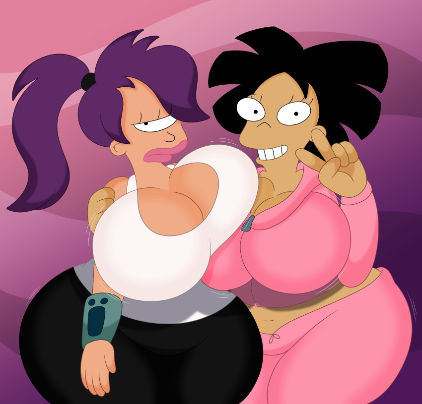 1_eye 2024 3barts 5_fingers abstract_background absurd_res amy_wong big_breasts black_eyes black_hair bottomwear breast_squish breasts breasts_frottage cleavage clothed clothing comedy_central curvy_figure cyclops digital_drawing_(artwork) digital_media_(artwork) duo eyelashes female fingers futurama gesture hair hand_gesture hi_res hoodie huge_breasts huge_thighs human humanoid light-skinned_female light_body light_skin long_hair looking_at_viewer mammal motion_lines not_furry pants ponytail purple_hair shirt short_hair smile squish sweatpants tan_body tan_skin tank_top teeth thick_thighs topwear turanga_leela v_sign voluptuous wide_hips