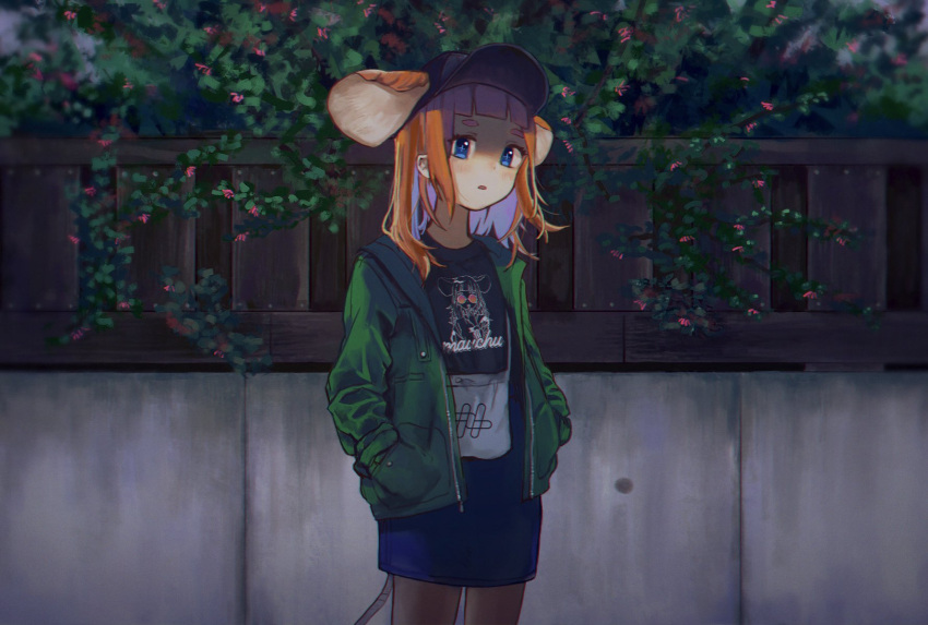 +_+ 1girl alternate_costume animal_ears artist_logo bag baseball_cap black_hat black_shirt blue_eyes blue_skirt blurry blurry_background blush character_name character_print clothes_writing commentary crew_neck depth_of_field green_jacket hands_in_pockets hat highres indie_virtual_youtuber jacket long_hair long_sleeves looking_to_the_side mau-chan_(7name) mouse_ears mouse_girl mouse_tail naname_(7name) open_clothes open_jacket open_mouth orange_hair pantyhose pencil_skirt plant self_character_print shirt shoulder_bag sidelocks skirt solo tail zipper zipper_pull_tab
