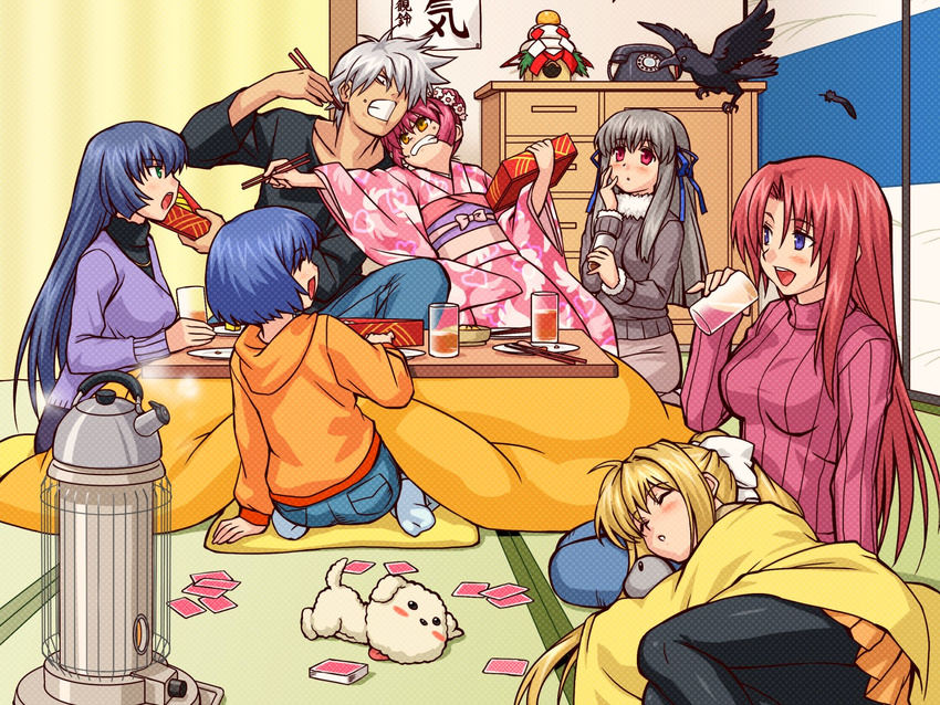 6+girls air bird blonde_hair card chopsticks crow cushion drinking food_fight fusuma heater highres kagami_mochi kamio_haruko kamio_misuzu kettle kirishima_kano kotatsu kunisaki_yukito lap_pillow multiple_girls new_year phone playing_card potato_(air) sleeping sliding_doors sora_(air) table tatami toono_minagi zabuton zen