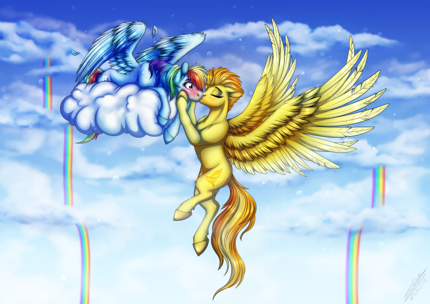 absurd_res blue_body blush cloud cutie_mark duo equid equine eyes_closed feathered_wings feathers female female/female feral flying friendship_is_magic hair hasbro hi_res kissing lupiarts mammal multicolored_hair my_little_pony mythological_creature mythological_equine mythology on_cloud pegasus purple_eyes rainbow rainbow_dash_(mlp) rainbow_hair spitfire_(mlp) surprise_kiss wide_eyed wings wonderbolts_(mlp) yellow_body