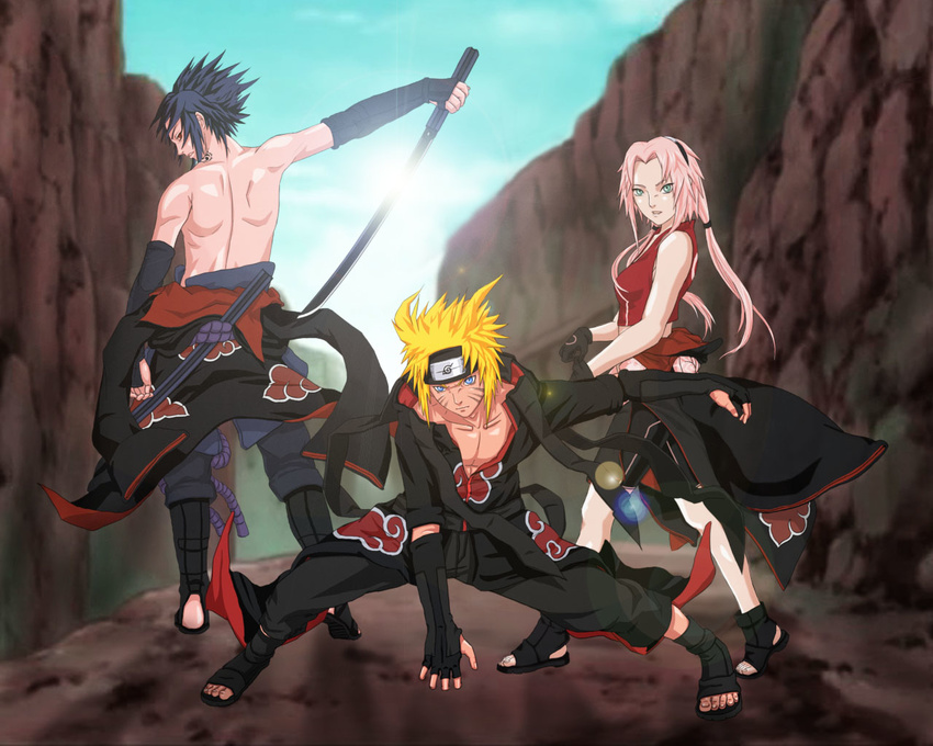2boys akatsuki_(naruto) alternate_costume alternate_hairstyle ankle_boots bangs bare_arms black_cloak black_footwear black_gloves black_hair blonde_hair blue_sky boots cloak cloak_pull closed_mouth clothes_around_waist collarbone curse_seal day elbow_gloves fighting_stance fingerless_gloves forehead_protector from_behind gloves green_eyes haruno_sakura holding holding_sword holding_weapon katana kevin_tan konohagakure_symbol legs_apart lens_flare long_hair long_sleeves looking_at_viewer low_twintails multiple_boys naruto_(series) naruto_shippuuden ninja non-web_source open_mouth open_toe_shoes outdoors parted_bangs pink_hair print_cloak shirt shirtless sky sleeveless sleeveless_shirt spiked_hair squatting standing sword team7 toeless_boots twintails uchiha_sasuke uzumaki_naruto weapon whisker_markings