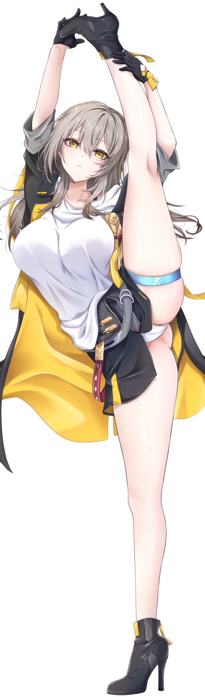 1girl absurdres ankle_boots black_coat black_footwear black_gloves black_skirt boots breasts cameltoe closed_mouth coat commentary_request full_body gloves grey_hair high_heels highres honkai:_star_rail honkai_(series) large_breasts long_hair looking_at_viewer miniskirt open_clothes open_coat paid_reward_available panties shirt simple_background skirt solo split standing standing_on_one_leg standing_split stelle_(honkai:_star_rail) thigh_strap thighs trailblazer_(honkai:_star_rail) underwear white_background white_panties white_shirt yellow_eyes yoru0409