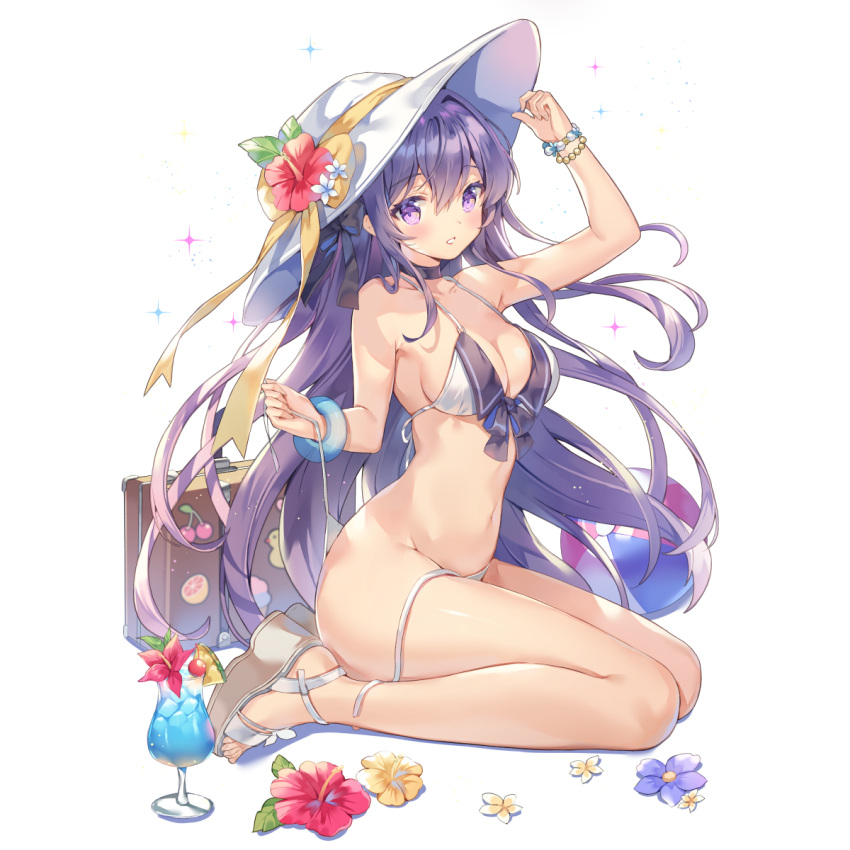 1girl arm_up artist_request ball bare_legs beachball bikini bracelet breasts choker cleavage final_gear flower from_side full_body hair_between_eyes hair_ribbon hand_on_headwear hat hat_flower hat_ribbon hibiscus highres jewelry large_breasts long_hair navel official_art parted_lips purple_eyes purple_hair ribbon sandals seiza side-tie_bikini_bottom sidelocks simple_background sitting solo sun_hat swimsuit tachi-e third-party_source transparent_background untied_bikini viola_(final_gear)
