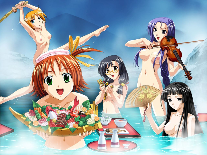 alcohol artist_request black_hair blue_eyes blue_hair breasts censored convenient_censoring fan folding_fan food fukushima_kinu glasses green_eyes grey_eyes honda_sarasa instrument katou_asa kuroda_rinzu large_breasts lime-iro_senkitan medium_breasts multiple_girls nipples nude onsen orange_hair red_hair sake sanada_momen shinai short_hair sword violin weapon yellow_eyes