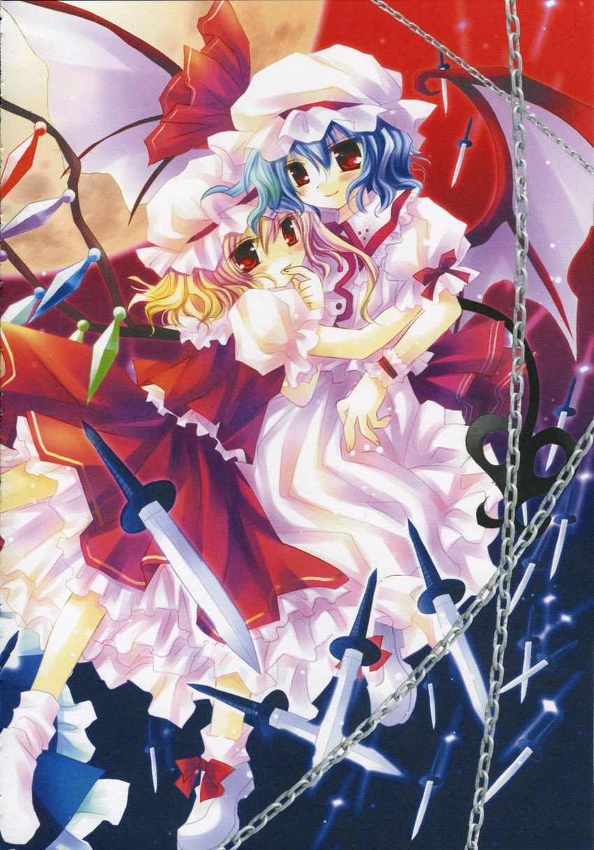 bat_wings chain duplicate flandre_scarlet hat highres knife multiple_girls remilia_scarlet sakurazawa_izumi scan siblings sisters touhou wings