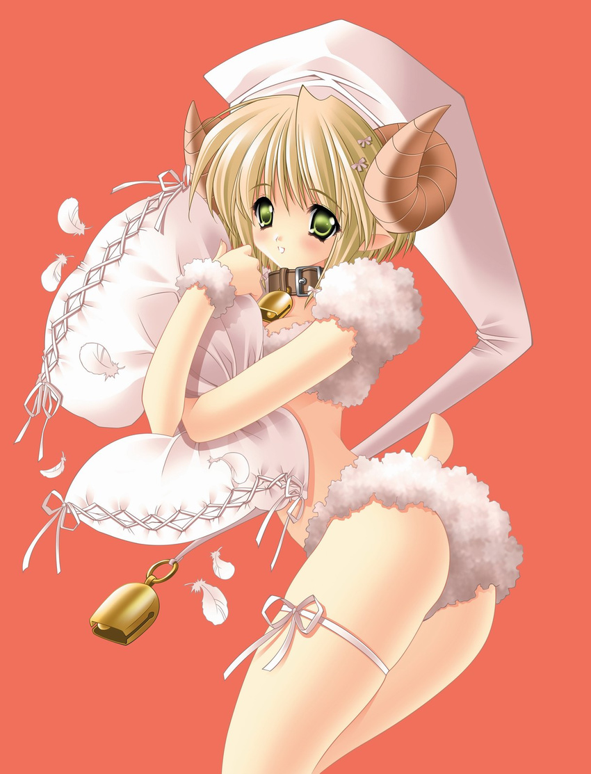 bell bell_collar blonde_hair carnelian collar feathers green_eyes hat highres horns monster_girl original pillow ribbon sheep_girl short_hair solo tail