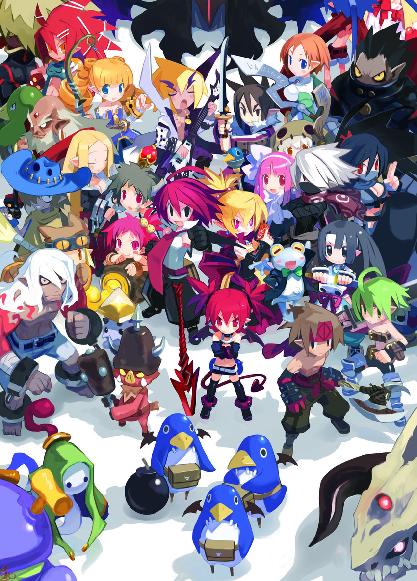 6+girls adell_(disgaea) akutare_(disgaea) archer_(disgaea) armor_knight_(disgaea) bat_wings beast_master_(disgaea) black_pants blonde_hair demon_girl detached_sleeves disgaea dragon_zombie_(disgaea) etna female_warrior_(disgaea) flat_chest flonne flonne_(fallen_angel) fubuki_(disgaea) geomancer_(disgaea) ghost_(disgaea) gunner_(disgaea) hanako_(disgaea) harada_takehito healer_(disgaea) highres kunoichi_(disgaea) kurtis_(disgaea) laharl mage_(disgaea) magic_knight_(disgaea) makai_senki_disgaea_2 male_warrior_(disgaea) miniskirt multiple_boys multiple_girls ninja_(disgaea) official_art orc_(disgaea) pants pointy_ears prinny red_eyes red_hair rozalin samurai_(disgaea) sinner_(disgaea) skirt skull_(disgaea) tail taro_(disgaea) thief_(disgaea) tink_(disgaea) warslug_(disgaea) wings yukimaru