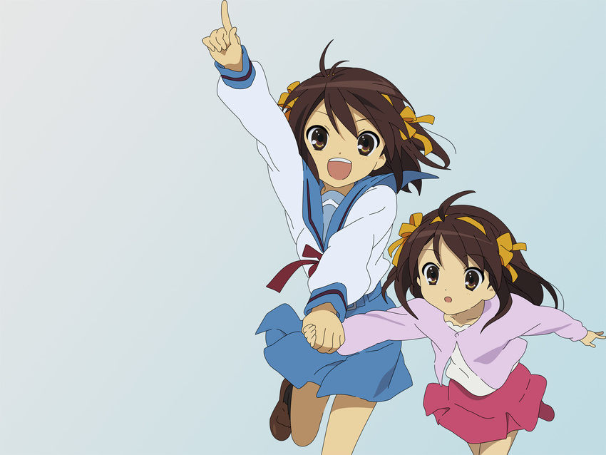 artist_request bangs highres kita_high_school_uniform multiple_girls pointing school_uniform suzumiya_haruhi suzumiya_haruhi_(young) suzumiya_haruhi_no_yuuutsu time_paradox wallpaper