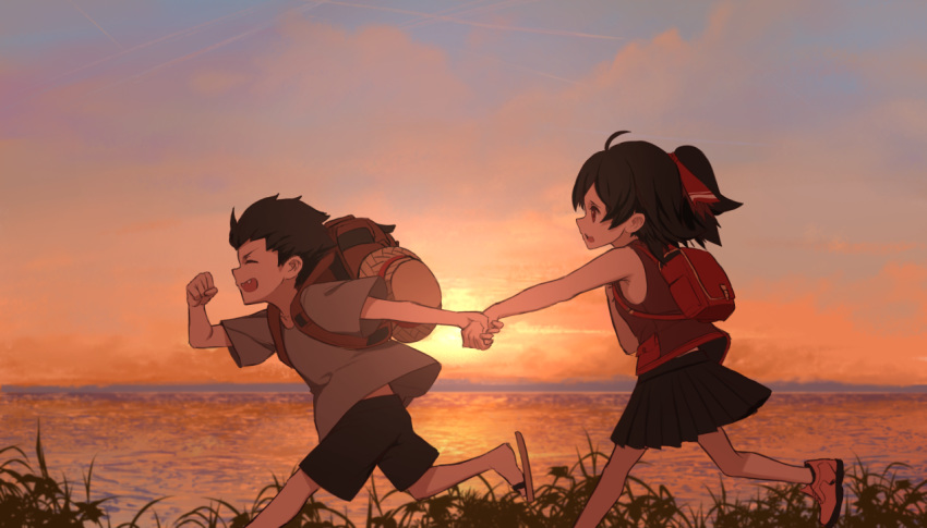 1boy 1girl ahoge backpack bag black_hair brother_and_sister dishwasher1910 eyes_closed fang_out grass hair_ribbon hand_holding hat lake qrow_branwen raven_branwen red_eyes ribbon running rwby shirt shoes shorts siblings skirt slippers straw_hat younger