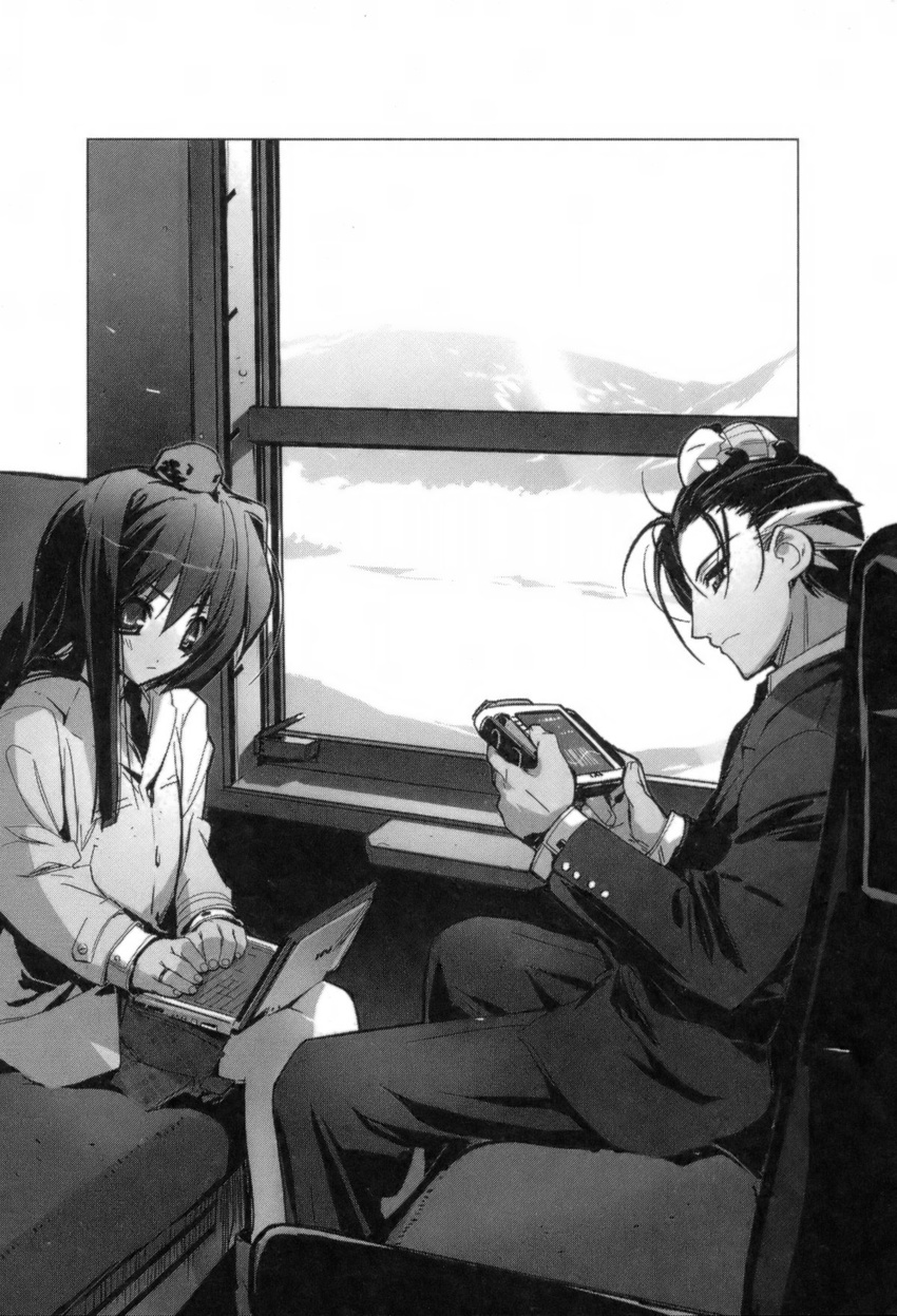 1girl baku_(artist) greyscale ground_vehicle highres kazami_chisato monochrome owari_no_chronicle sayama_mikoto shinjou_sadagiri train_interior