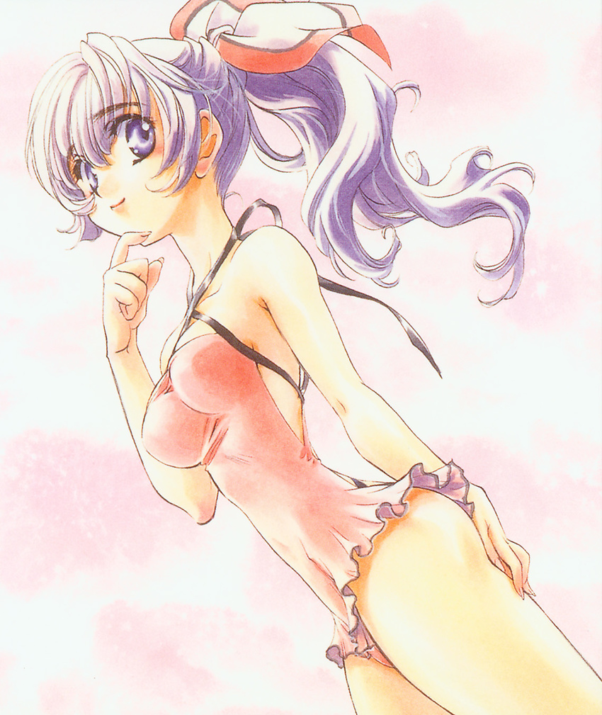 bare_shoulders casual_one-piece_swimsuit chin_stroking duplicate dutch_angle frilled_swimsuit frills full_metal_panic! halterneck highres one-piece_swimsuit ponytail purple_eyes purple_hair ribbon shikidouji smile solo swimsuit teletha_testarossa