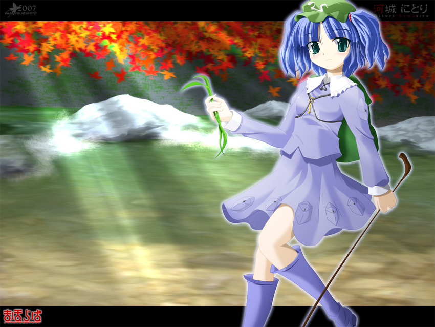 backpack bag blue_dress blue_eyes blue_hair blush dress flat_cap hat highres holding kawashiro_nitori letterboxed light_rays pocket rubber_duck side_b solo standing stick sunlight touhou two_side_up