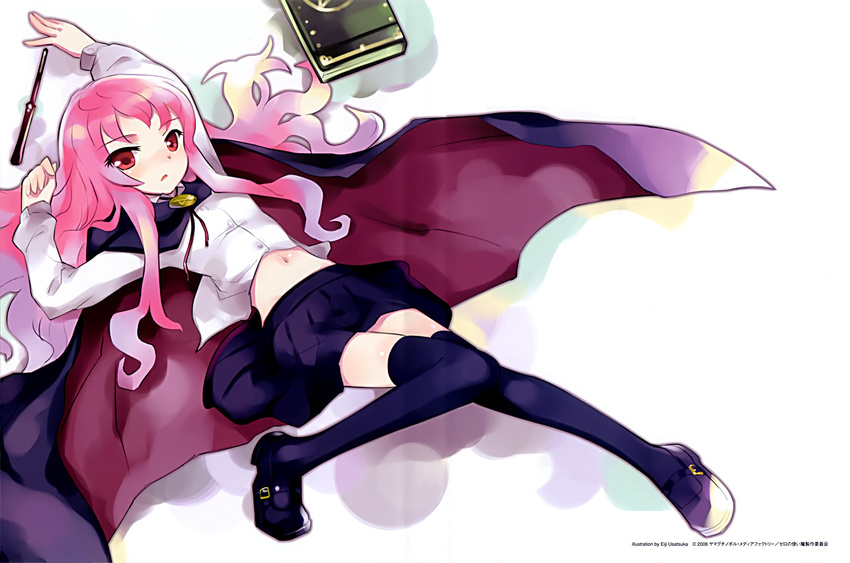 absurdres artist_request cape highres long_hair louise_francoise_le_blanc_de_la_valliere lying midriff navel pink_eyes pink_hair thighhighs wand zero_no_tsukaima