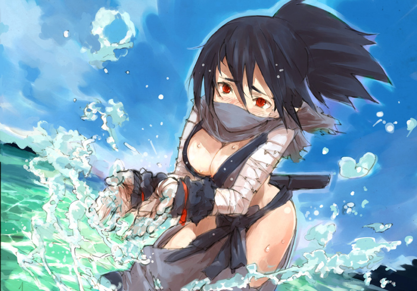 bandages black_hair blush breasts cleavage day disgaea japanese_clothes kunoichi_(disgaea) large_breasts legs makai_senki_disgaea_2 mask ninja ocean outdoors parody pointy_ears ponytail red_eyes sky solo splashing tantou tears toi8 water