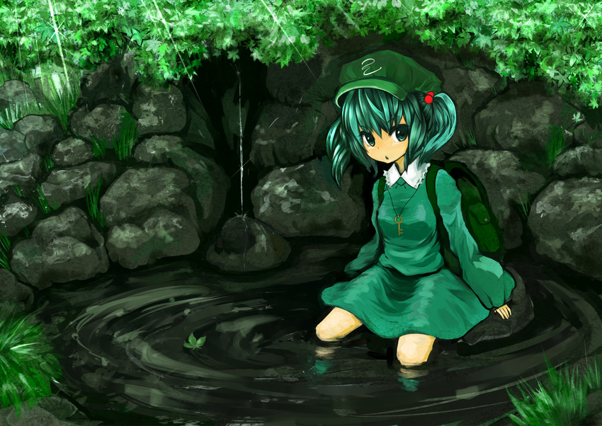 :&lt; aqua_eyes aqua_hair backpack bag chagu chestnut_mouth dress hair_bobbles hair_ornament hat highres kawashiro_nitori key light_rays plant ripples rock sitting sitting_on_rock soaking_feet solo sunbeam sunlight touhou two_side_up water