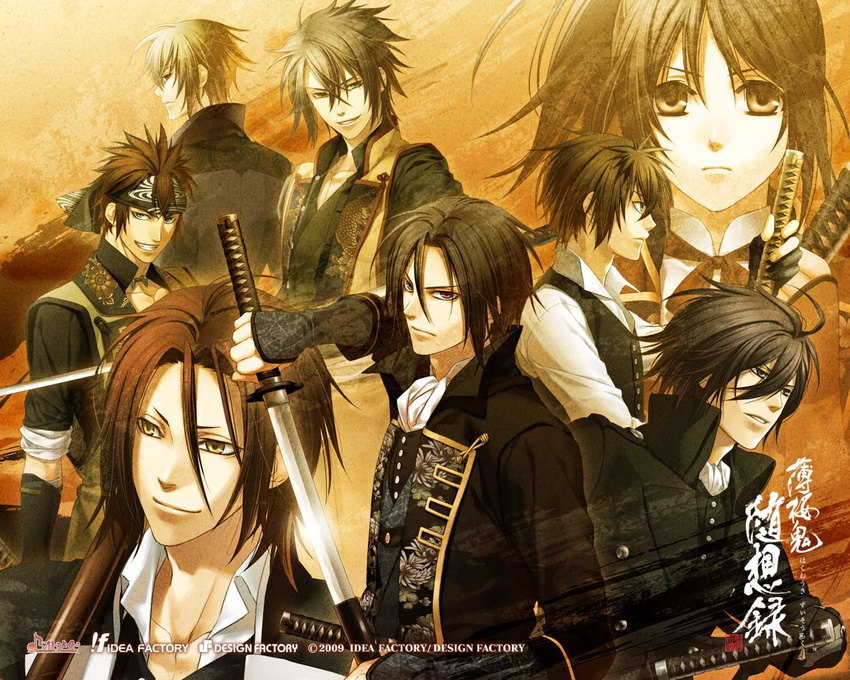 blonde_hair brown_eyes brown_hair chikage_kazama group hakuouki hakuouki_shinsengumi_kitan harada_sanosuke hijikata_toshizo jpeg_artifacts katana long_hair male nagakura_shinpachi okita_souji red_eyes saitou_hajime shinsengumi short_hair sword toudou_heisuke violet_eyes wallpaper weapon yukimura_chizuru