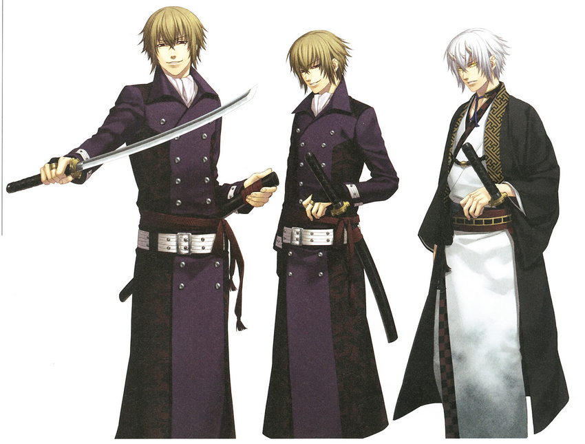 amber_eyes blonde_hair chikage_kazama game gold_eyes hakuouki hakuouki_shinsengumi_kitan horns japanese_clothes katana male red_eyes short_hair sword weapon white_hair yukata