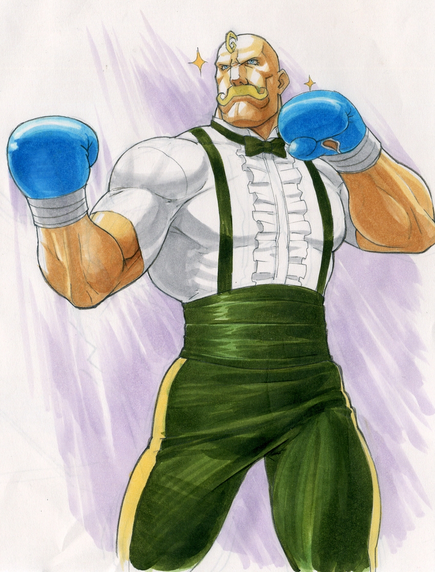 alex_louis_armstrong blue_eyes boxing_gloves cosplay dudley dudley_(cosplay) facial_hair fullmetal_alchemist gloves gorigo graphite_(medium) highres male_focus manly marker_(medium) muscle mustache solo sparkle street_fighter street_fighter_iii_(series) traditional_media