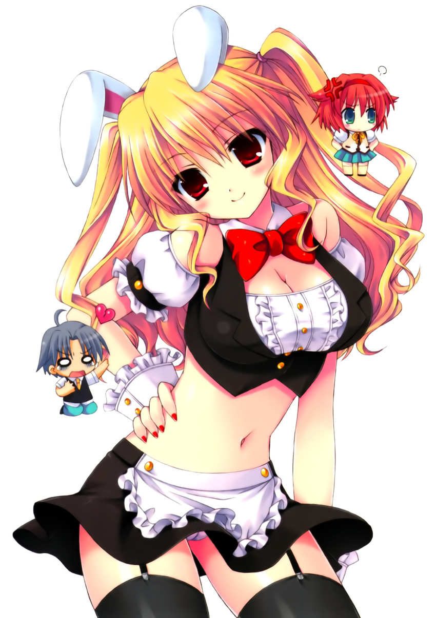 2girls absurdres ahoge anger_vein animal_ears apron aqua_eyes black_legwear blonde_hair blush bow bowtie breasts bunny_ears cameltoe character_request chibi cleavage copyright_request garter_straps grey_hair hairband heart highres large_breasts long_hair midriff multiple_girls navel non-web_source o_o open_mouth panties red_eyes red_hair sasorigatame short_hair smile source_request thighhighs twintails underwear waist_apron waitress white_panties wrist_cuffs