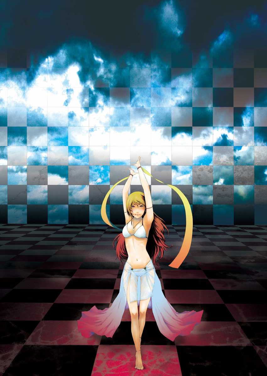 absurdres anklet armpits arms_up barefoot bikini blonde_hair checkered checkered_background checkered_floor cloud dancer feet highres jewelry legs lips long_hair looking_at_viewer multicolored_hair necklace original perspective ribbon ribs sash see-through skirt sky solo surreal swimsuit thigh_gap tiles white_bikini yoshihiro