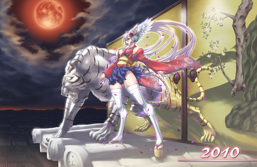 2010 animal animal_ears breasts claws cloud detached_sleeves fingernails flower full_moon hair_flower hair_ornament head_wings headset highres japanese_clothes kimono kimono_skirt lavender_hair long_fingernails long_hair medium_breasts moon night night_sky okobo open_mouth original petals red_eyes red_moon red_sky rooftop rose sandals sash sharp_teeth shoes sideboob sky solo tabi tail teeth teku_(2nd_escape) thick_thighs thighhighs thighs tiger tiger_ears tree very_long_hair white_legwear white_tiger zettai_ryouiki