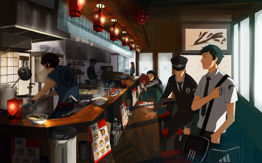 5boys ad amano_maya amei_zhao apron black_hair cooking crossover devil_summoner fire food frying_pan hayasaka_chiaki highres hitoshura kuzunoha_raidou lantern multiple_boys multiple_girls nitta_isamu persona persona_2 poster_(object) pot restaurant serizawa_ulala shin_megami_tensei shin_megami_tensei_iii:_nocturne stove tsukigata_dahn