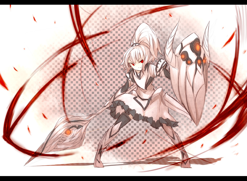 albino bad_id bad_pixiv_id copyright_request ganesagi gloves greaves highres ponytail red_eyes shield solo staff thighhighs weapon white_hair