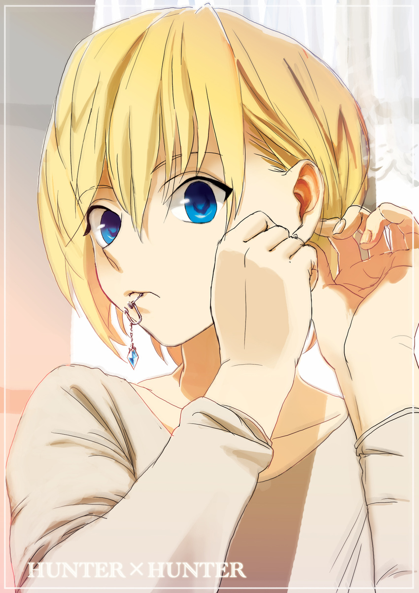 blonde_hair blue_eyes earring_removed earrings face hands highres hunter_x_hunter izuo jewelry kurapika lips male_focus mouth_hold otoko_no_ko putting_on_jewelry solo