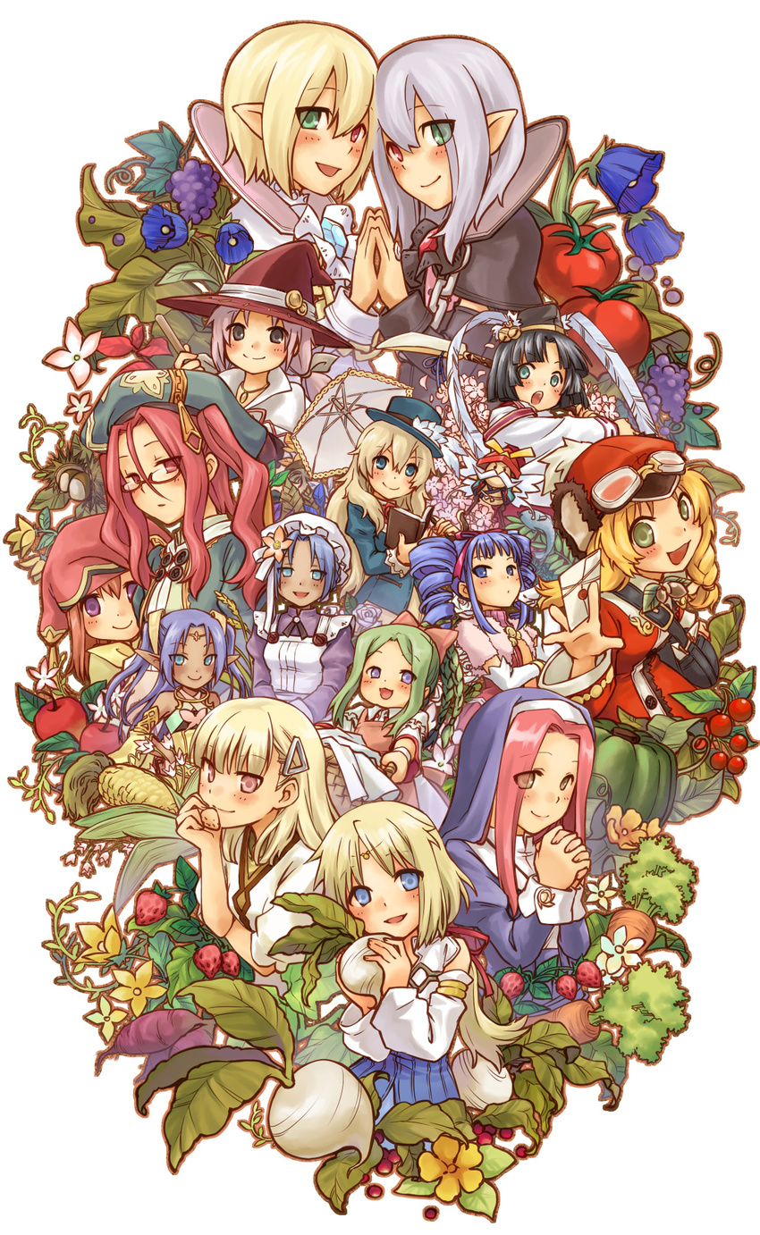 anette apple bag bell bianca_elarco_viviage book candy_(rune_factory) carrot cherry corn dark_skin detached_sleeves drop_(rune_factory) dual_persona eunice everyone facial_hair feathers fish flower food fruit glasses habit hair_flower hair_ornament hat highres holding holding_book iris_blanche iris_noire jingle_bell junji lara_(rune_factory) maid melody_(rune_factory) messenger_bag minerva_(rune_factory) mist_(rune_factory) multiple_girls mustache nun open_book parasol pointy_ears pumpkin purple_hair red_hair rosetta rune_factory rune_factory_frontier selphy shoulder_bag simple_background smile strawberry symmetrical_hand_pose tabatha top_hat tsubute_(rune_factory) turnip twintails umbrella uzuki_(rune_factory) witch_hat