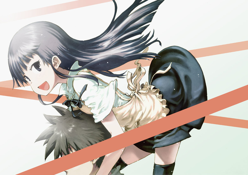 apron black_eyes black_hair data_(remmings_nest) flat_chest leaning leaning_forward long_hair open_mouth skirt smile solo thighhighs waitress working!! yamada_aoi