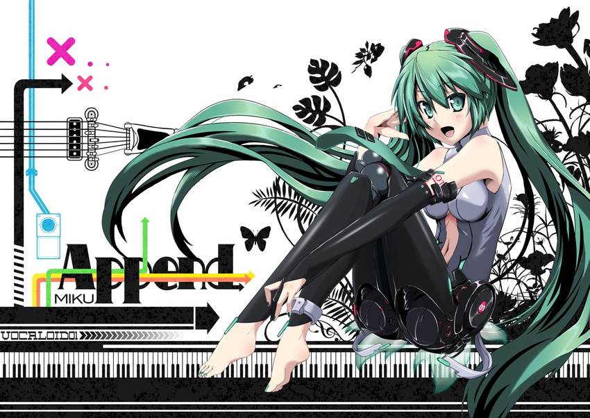 android anklet aqua_eyes aqua_hair aqua_nails barefoot belt bridal_gauntlets character_name elbow_gloves english fingerless_gloves gloves hatsune_miku hatsune_miku_(append) instrument jewelry keyboard_(instrument) long_hair nail_polish navel necktie robot_joints satou_samu sitting smile solo thighhighs toeless_legwear toenail_polish twintails very_long_hair vocaloid vocaloid_append