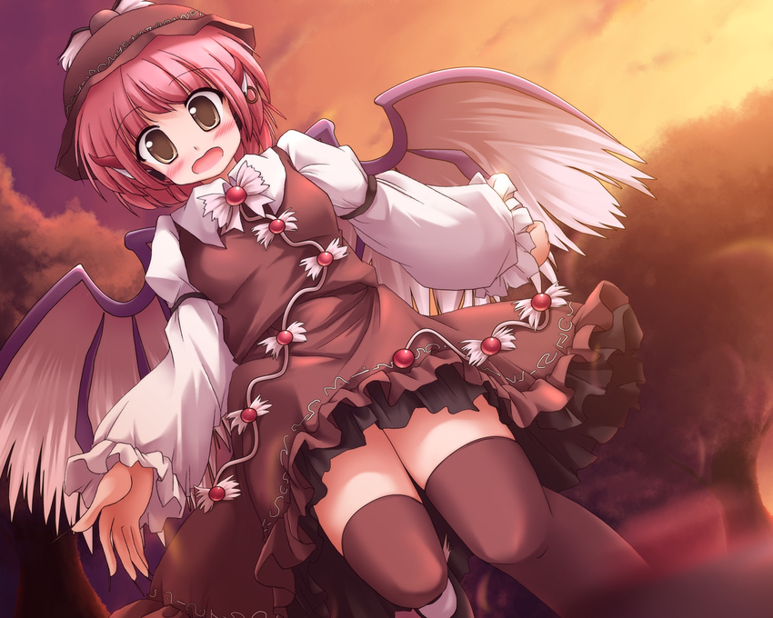 animal_ears blush hat highres jewelry lzh mystia_lorelei pink_hair short_hair solo thighhighs touhou wings