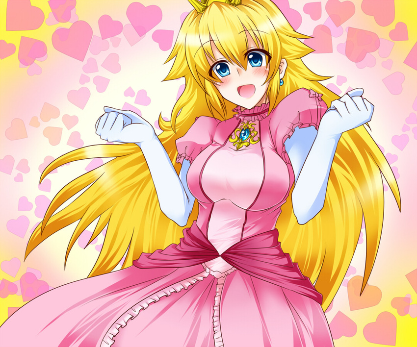 blonde_hair blue_eyes dress earrings jewelry long_hair mario_(series) pink_dress princess_peach shangorilla solo super_mario_bros.