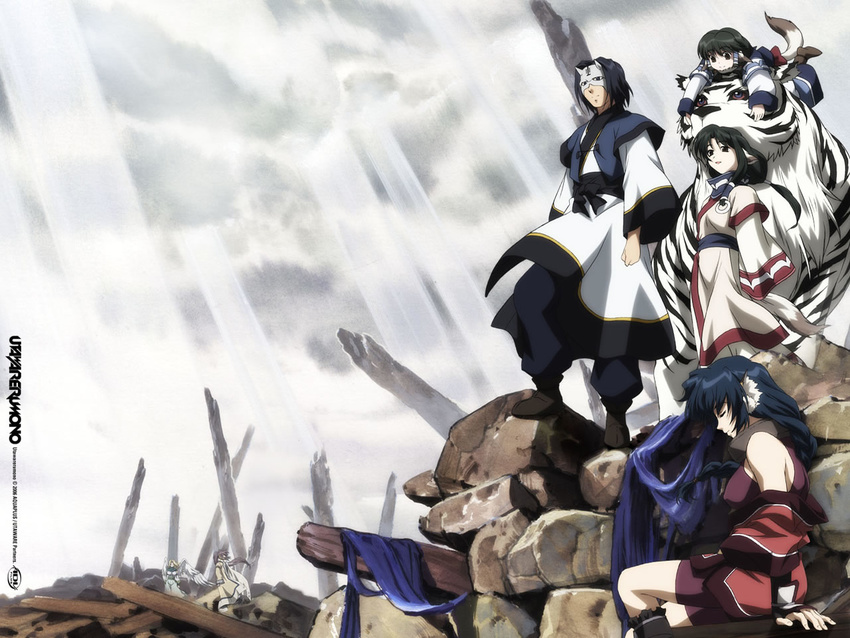 5girls animal_ears artist_request aruruw bare_shoulders black_hair cloak cloud cloudy_sky day eruruw full_body green_hair hakuoro hood hooded_cloak karura_(utawareru_mono) light_rays looking_afar mask mukkuru multiple_girls outdoors robe rock ruins short_hair sitting sky sunlight tail tiger touka_(utawareru_mono) uniform urtoriy utawareru_mono wallpaper wings