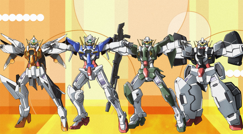 arms_up bad_id bad_pixiv_id dancing eblmeka full_body green_eyes gun gundam gundam_00 gundam_dynames gundam_exia gundam_kyrios gundam_virtue huge_weapon looking_at_viewer lucky_star mecha motteke!_serafuku multicolored multicolored_background no_humans outstretched_arms parody pose standing weapon