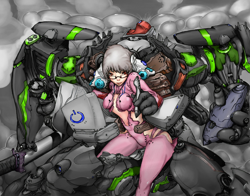 copyright_request drawing_tablet glasses mecha red_eyes silver_hair solo tilitada