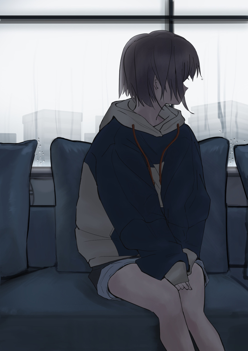 1girl absurdres bang_dream! bang_dream!_it's_mygo!!!!! blue_hoodie blue_shorts commentary grey_hair highres hood hood_down hoodie indoors peke_(pekeiscat) pillow short_hair shorts sitting solo takamatsu_tomori wet window