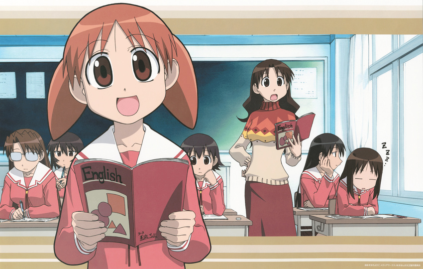 artist_request azumanga_daiou black_hair book brown_eyes brown_hair chalkboard classroom glasses highres indoors kagura_(azumanga_daiou) kasuga_ayumu long_hair mihama_chiyo mizuhara_koyomi multiple_girls official_art orange_hair sakaki school_uniform short_twintails sleeping takino_tomo tanizaki_yukari twintails