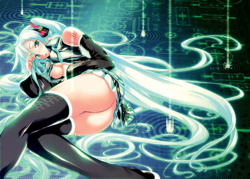 aqua_hair aqua_neckwear arm_tattoo ass bare_shoulders black_legwear black_shirt breasts collared_shirt detached_sleeves dress_shirt feet_out_of_frame glowing green_eyes green_hair hair_ornament hand_to_forehead hatsune_miku holding_necktie knees_together_feet_apart long_hair looking_at_viewer lying medium_breasts miniskirt necktie nipple_slip nipples no_panties number on_side open_clothes open_shirt ouma_tokiichi pleated_skirt shirt skirt sleeveless sleeveless_shirt solo tattoo thighhighs underboob untied very_long_hair vocaloid