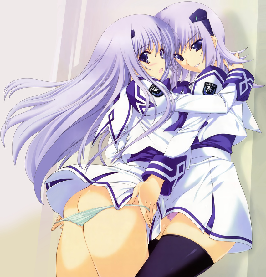 ass black_legwear blue_eyes blush butt_crack cryska_barchenowa green_panties hair_ornament highres hug iizuki_tasuku inia_sestina long_hair multiple_girls muvluv muvluv_alternative muvluv_total_eclipse panties panty_pull pantyshot pink_panties purple_hair school_uniform short_hair thighhighs underwear yuri