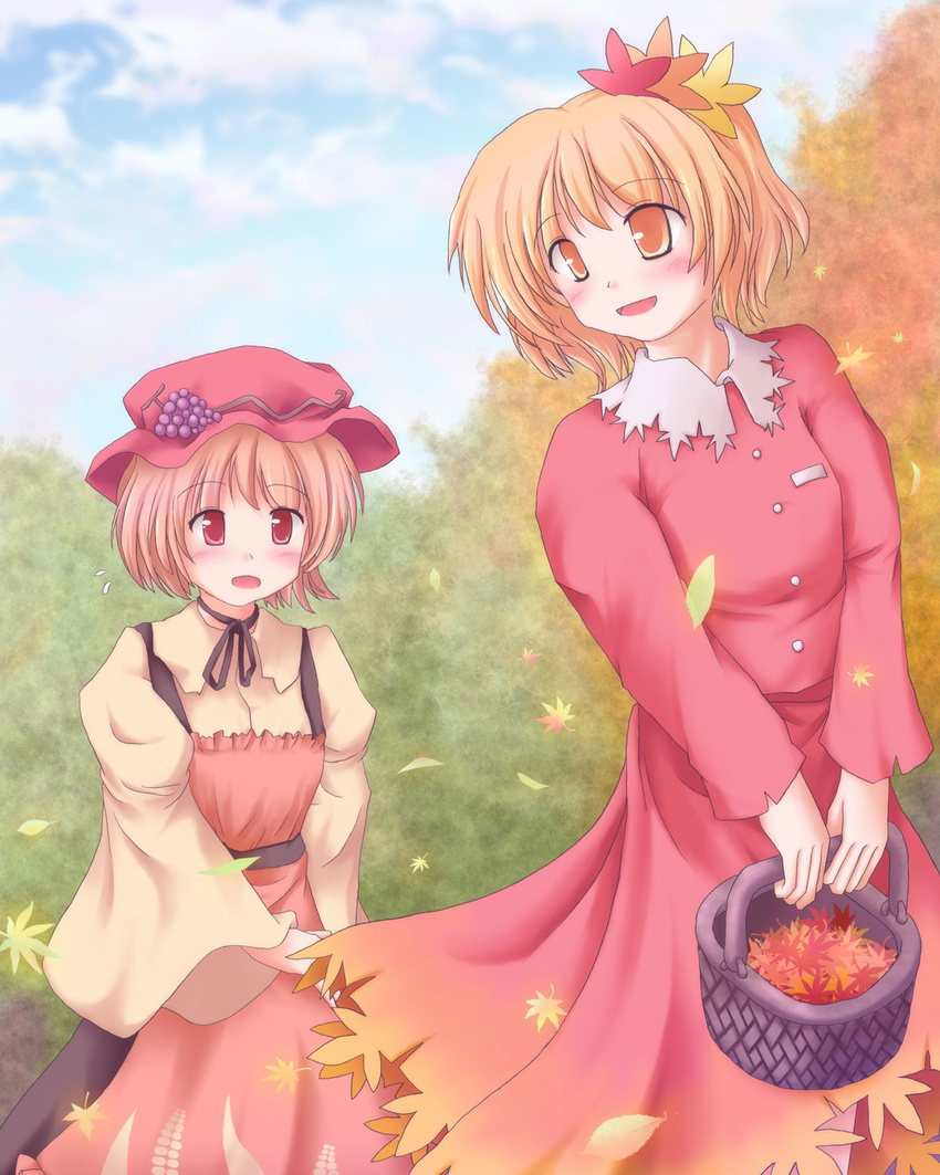 aki_minoriko aki_shizuha basket blonde_hair food fruit grapes hair_ornament hat highres leaf leaf_hair_ornament leaf_on_head lzh multiple_girls red_eyes short_hair siblings sisters touhou yellow_eyes