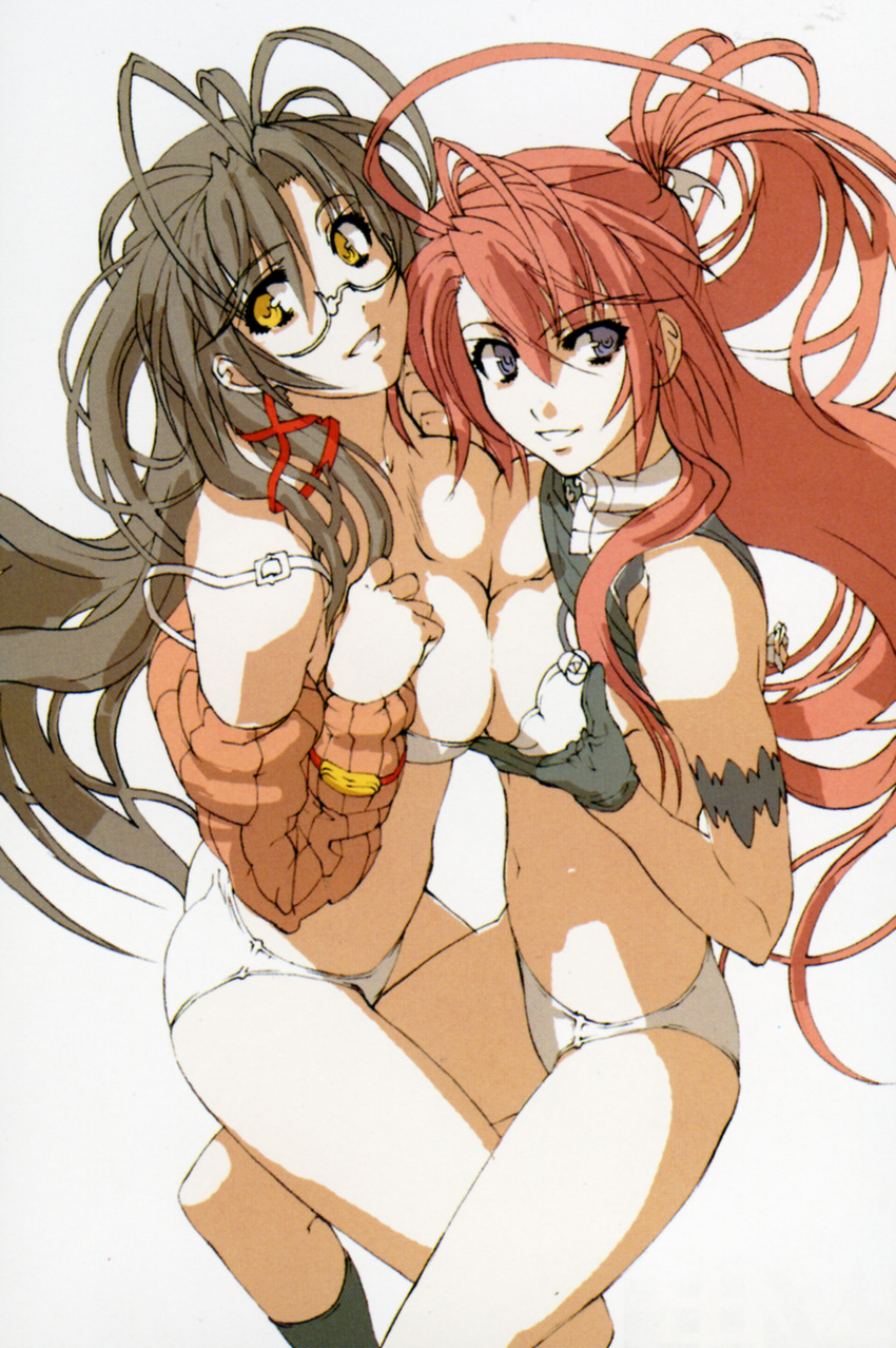 absurdres blue_eyes breast_press breasts brown_hair glasses gloves hanawa_momiji highres ignis jingai_makyou large_breasts long_hair multiple_girls nishii_(nitroplus) orange_shirt panties red_hair scan shirt shirt_lift smile symmetrical_docking underwear yellow_eyes