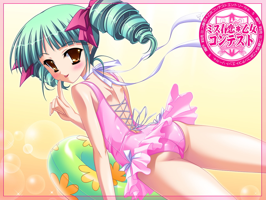 :p ass blush brown_eyes casual_one-piece_swimsuit choker drill_hair frilled_swimsuit frills green_hair hair_ribbon harukoi_otome_~otome_no_sono_de_gokigenyou~ innertube katagiri_hinata looking_back one-piece_swimsuit orito_riru ribbon solo swimsuit tongue tongue_out twintails wallpaper