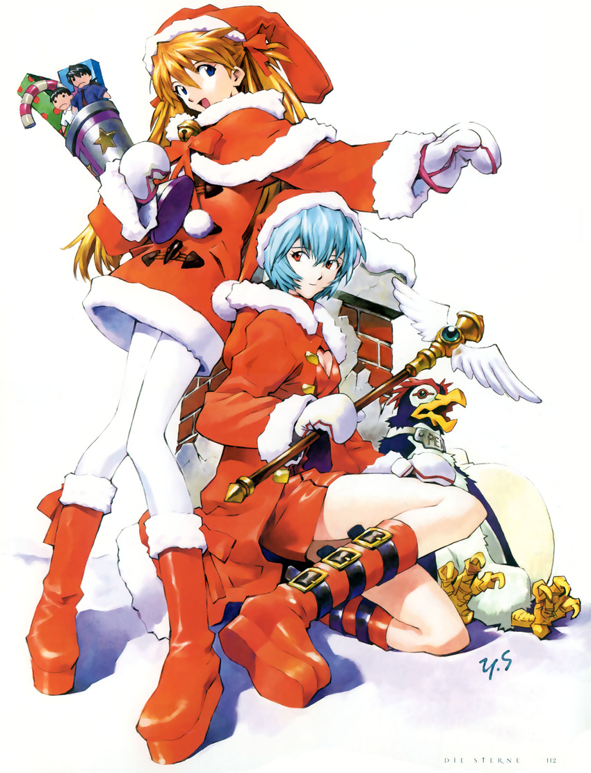 :d alternate_costume ayanami_rei bangs bell bird blue_eyes blue_hair boots bow bowtie breasts buckle candy candy_cane capelet character_doll chimney christmas cleavage cleavage_cutout coat coat_dress dress food from_side full_body fur_trim gem german gift hair_between_eyes hair_ribbon hand_on_own_thigh hat heart_cutout highres holding holding_wand hood hood_down ikari_shinji jingle_bell kaji_ryouji knee_boots long_hair looking_at_viewer mittens multiple_girls name_tag neon_genesis_evangelion official_art open_clothes open_coat open_mouth orange_hair outstretched_arm page_number pantyhose penguin penpen platform_footwear polka_dot pom_pom_(clothes) red_eyes red_footwear ribbon rooftop sack sadamoto_yoshiyuki santa_costume santa_hat scan shadow short_dress short_hair signature simple_background sitting slim_legs small_breasts smile snow souryuu_asuka_langley standing star two_side_up wand white_background white_legwear wings winter_clothes