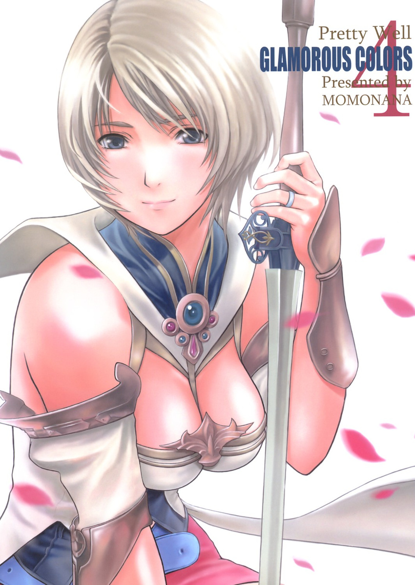 artbook ashelia_b'nargin_dalmasca blue_eyes breasts cleavage cover cover_page doujinshi final_fantasy final_fantasy_xii highres jewelry large_breasts momoi_nanabei petals ring short_hair silver_hair smile solo