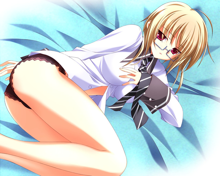 bed_sheet black_panties blonde_hair expressionless eyebrows_visible_through_hair glasses innocent_blue kinmedai_pink long_sleeves lying no_pants official_art on_side panties pantyshot pantyshot_(lying) partially_unbuttoned red_eyes sakuragi_kanae semi-rimless_eyewear short_hair sleeve_cuffs solo striped striped_neckwear under-rim_eyewear underwear