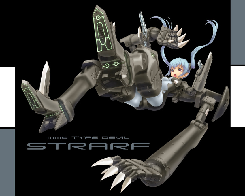 :o armor armored_boots black_background black_bodysuit bodysuit boots busou_shinki falling full_body grey_bodysuit long_hair machinery mecha_musume open_mouth power_suit sabamu silver_hair simple_background solo strarf thigh_boots thighhighs