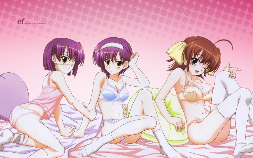 ass bed blush bra breasts brown_hair camisole cleavage ef eyepatch frown green_eyes hair_ribbon highres kneeling large_breasts lingerie miyamura_miyako multiple_girls one_eye_closed ookaji_hiroyuki panties pillow purple_hair ribbon shindou_chihiro shindou_kei short_hair siblings sitting thighhighs twins underwear underwear_only wallpaper yellow_eyes