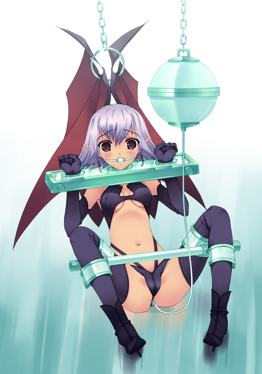 anal anal_object_insertion ball_gag bdsm bondage bound bound_wings breasts covered_nipples demon_girl elbow_gloves enema f-ism gag gagged gloves high_heels highres murakami_suigun object_insertion original pillory pointy_ears purple_eyes purple_hair restrained revealing_clothes shoes small_breasts solo spread_legs spreader_bar succubus sweat tears thighhighs wings